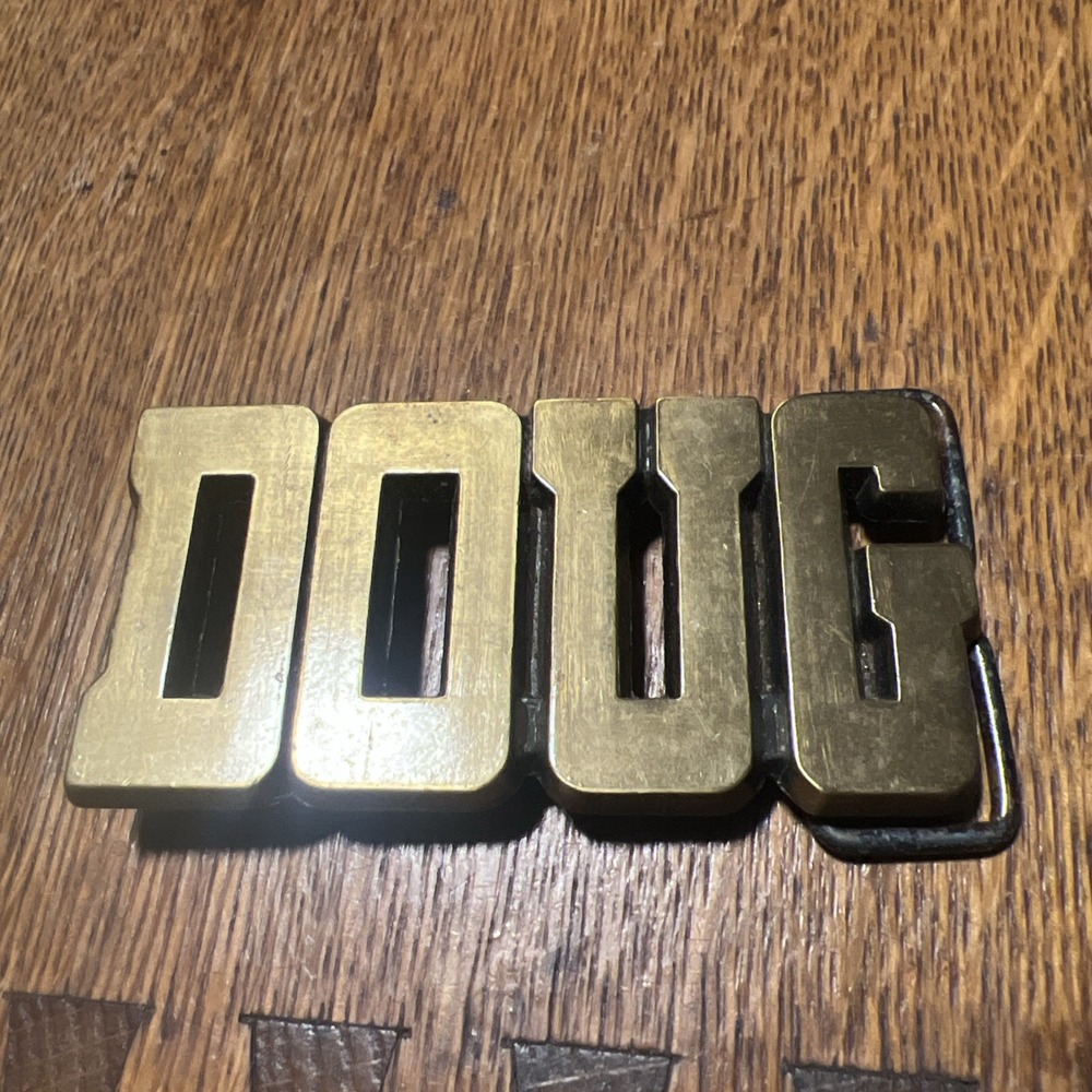 Vintage ROYP Solid Brass Name "DOUG" Belt Buckle–1970s USA–Retro Cast Brass